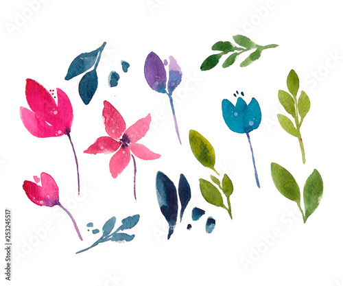 Set of aerial watercolor flowers hand drawn isolated on white background