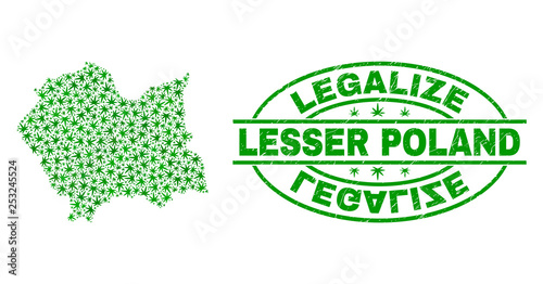 Vector cannabis Lesser Poland Voivodeship map mosaic and grunge textured Legalize stamp seal. Concept with green weed leaves. Concept for cannabis legalize campaign.