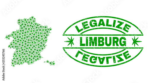 Vector cannabis Limburg Province map mosaic and grunge textured Legalize stamp seal. Concept with green weed leaves. Concept for cannabis legalize campaign.