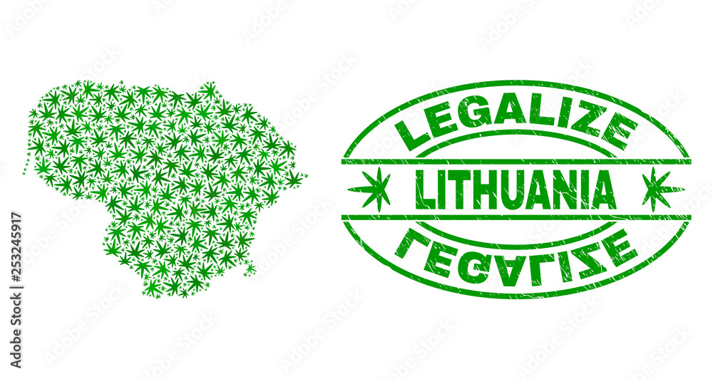 Vector cannabis Lithuania map collage and grunge textured Legalize stamp seal. Concept with green weed leaves. Concept for cannabis legalize campaign.