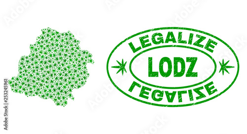 Vector cannabis Lodz Voivodeship map mosaic and grunge textured Legalize stamp seal. Concept with green weed leaves. Concept for cannabis legalize campaign.
