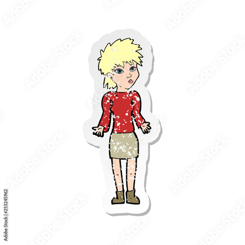 retro distressed sticker of a cartoon woman shrugging shoulders