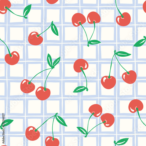 Whimsical hand-drawn doodle cherries and plaid vector seamless pattern background. Classic Summer Fruits Print