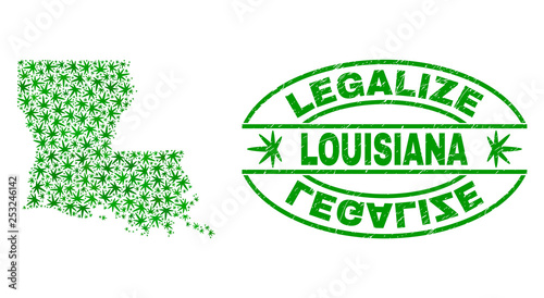 Vector marijuana Louisiana State map mosaic and grunge textured Legalize stamp seal. Concept with green weed leaves. Concept for cannabis legalize campaign.