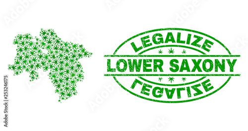 Vector cannabis Lower Saxony Land map collage and grunge textured Legalize stamp seal. Concept with green weed leaves. Concept for cannabis legalize campaign.