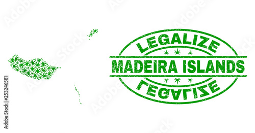 Vector marijuana Madeira Islands map mosaic and grunge textured Legalize stamp seal. Concept with green weed leaves. Concept for cannabis legalize campaign.