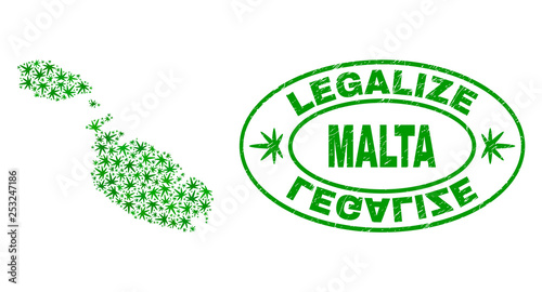 Vector cannabis Malta map mosaic and grunge textured Legalize stamp seal. Concept with green weed leaves. Template for cannabis legalize campaign. Vector Malta map is designed with cannabis leaves.