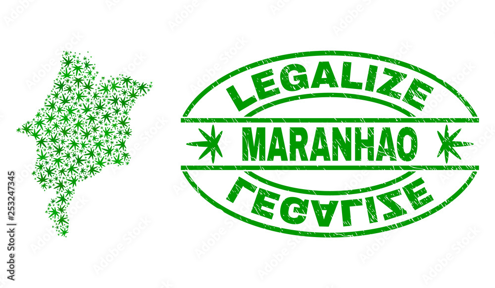 Vector cannabis Maranhao State map collage and grunge textured Legalize stamp seal. Concept with green weed leaves. Concept for cannabis legalize campaign.