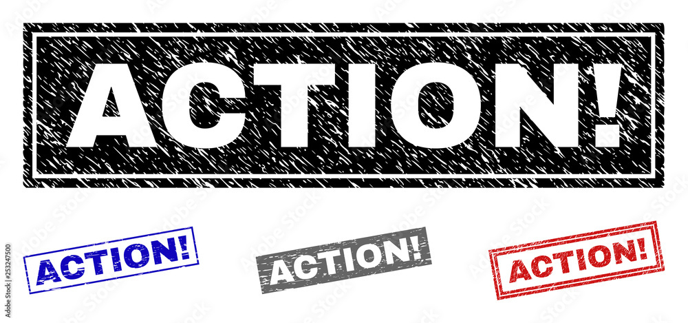 Grunge ACTION! rectangle stamp seals isolated on a white background. Rectangular seals with distress texture in red, blue, black and grey colors. Grunge ACTION! rectangle stamp seals isolated on a white background. Rectangular seals with distress texture in red, blue, black and grey colors.