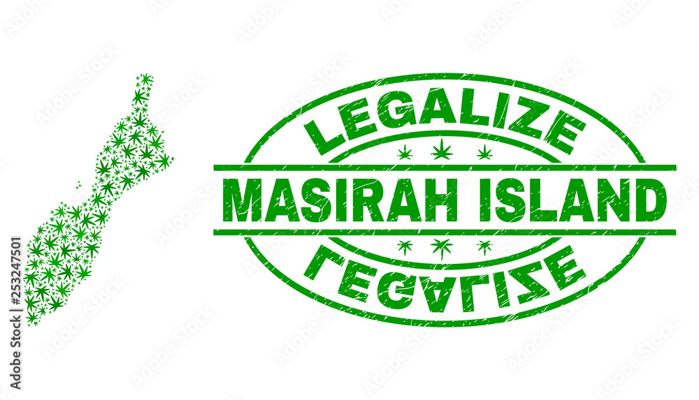 Vector cannabis Masirah Island map mosaic and grunge textured Legalize stamp seal. Concept with green weed leaves. Concept for cannabis legalize campaign.