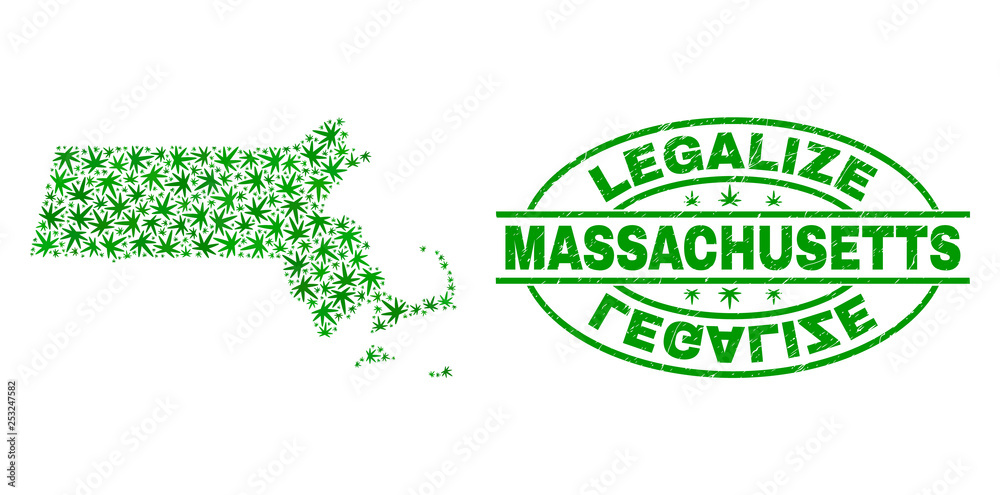 Vector marijuana Massachusetts State map collage and grunge textured Legalize stamp seal. Concept with green weed leaves. Concept for cannabis legalize campaign.