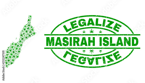 Vector cannabis Masirah Island map mosaic and grunge textured Legalize stamp seal. Concept with green weed leaves. Concept for cannabis legalize campaign.