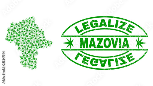Vector cannabis Masovian Voivodeship map collage and grunge textured Legalize stamp seal. Concept with green weed leaves. Concept for cannabis legalize campaign.
