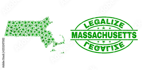 Vector marijuana Massachusetts State map collage and grunge textured Legalize stamp seal. Concept with green weed leaves. Concept for cannabis legalize campaign.