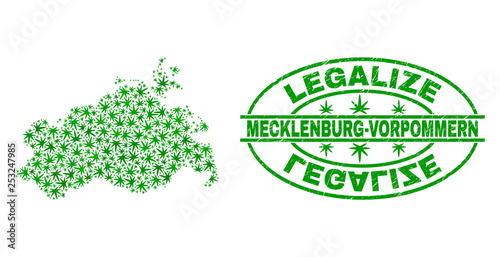 Vector marijuana Mecklenburg-Vorpommern Land map mosaic and grunge textured Legalize stamp seal. Concept with green weed leaves. Concept for cannabis legalize campaign.