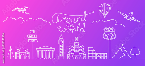 Around the world vector concept. Thin line style illustration
