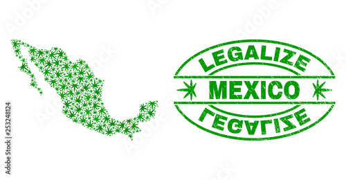 Vector cannabis Mexico map mosaic and grunge textured Legalize stamp seal. Concept with green weed leaves. Concept for cannabis legalize campaign. Vector Mexico map is organized with cannabis leaves.