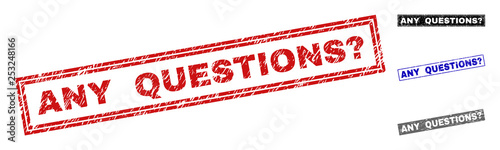 Grunge ANY QUESTIONS? rectangle stamp seals isolated on a white background. Rectangular seals with grunge texture in red, blue, black and grey colors.