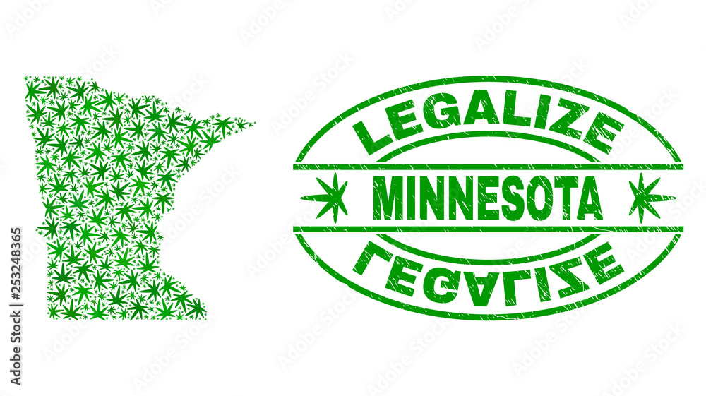 Vector cannabis Minnesota State map mosaic and grunge textured Legalize stamp seal. Concept with green weed leaves. Concept for cannabis legalize campaign.