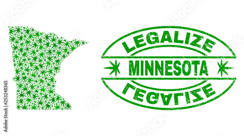 Vector cannabis Minnesota State map mosaic and grunge textured Legalize stamp seal. Concept with green weed leaves. Concept for cannabis legalize campaign.