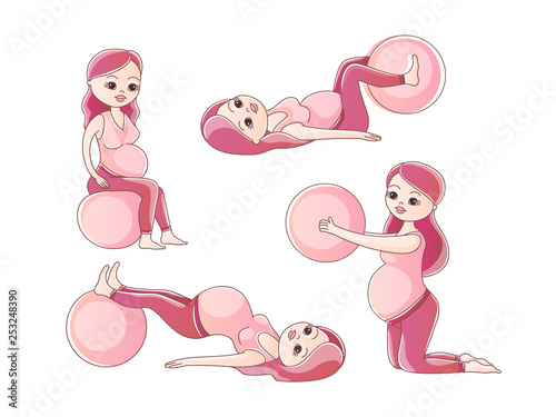 Pregnant woman on fitball isolated vector illustration. A set vector images of a pregnant woman making exercises with a fitball