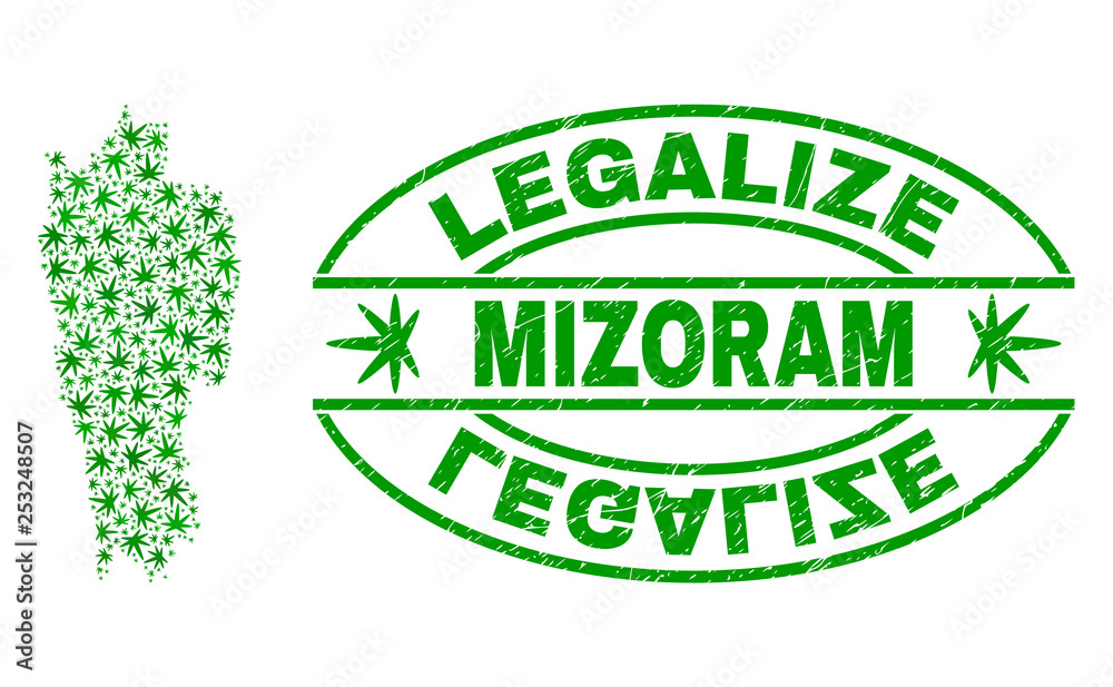 Vector cannabis Mizoram State map mosaic and grunge textured Legalize stamp seal. Concept with green weed leaves. Template for cannabis legalize campaign.