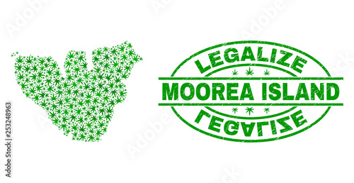 Vector cannabis Moorea Island map mosaic and grunge textured Legalize stamp seal. Concept with green weed leaves. Concept for cannabis legalize campaign.