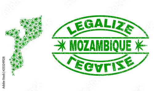 Vector cannabis Mozambique map collage and grunge textured Legalize stamp seal. Concept with green weed leaves. Concept for cannabis legalize campaign.
