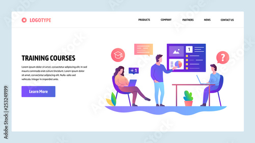 Vector web site design template. Business meeting and presentation. Training course with tutor. Landing page concepts for website and mobile development. Modern flat illustration.