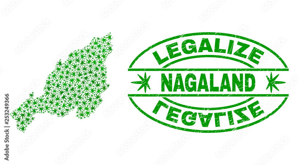 Vector marijuana Nagaland State map mosaic and grunge textured Legalize stamp seal. Concept with green weed leaves. Concept for cannabis legalize campaign.