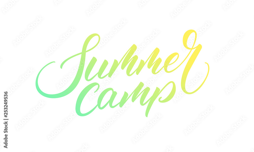 Summer Camp. Summer lettering calligraphy overlay design. Modern colorful Summer label.
