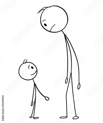 Cartoon stick figure drawing conceptual illustration of unhappy man or father and small boy or son watching each other.