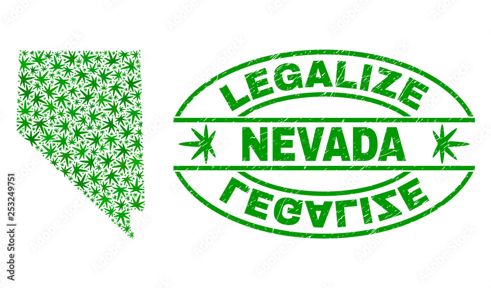 Vector cannabis Nevada State map collage and grunge textured Legalize stamp seal. Concept with green weed leaves. Concept for cannabis legalize campaign.