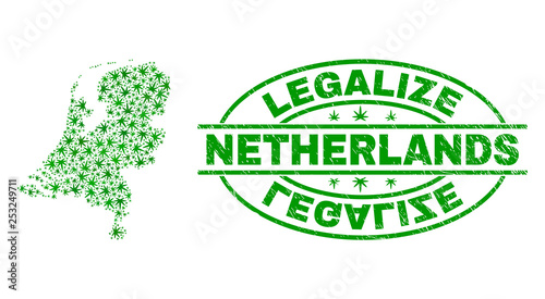 Vector cannabis Netherlands map mosaic and grunge textured Legalize stamp seal. Concept with green weed leaves. Concept for cannabis legalize campaign.