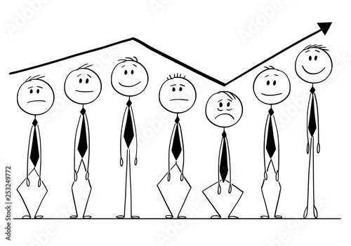 Cartoon stick figure drawing conceptual illustration of group of businessmen rising up and down following arrow of financial graph or chart. Business concept of market investment sentiment.