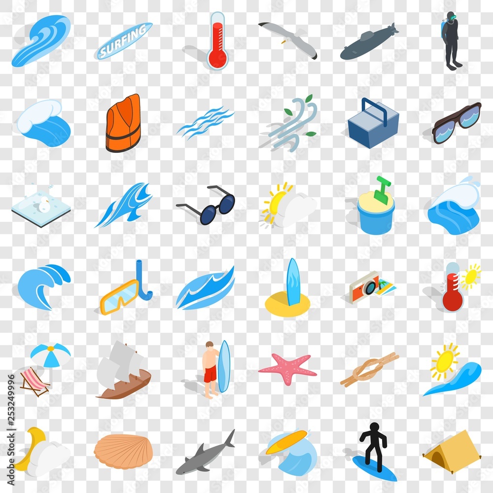 Summer beach icons set. Isometric style of 36 Summer beach vector icons for web for any design Summer beach icons set. Isometric style of 36 Summer beach vector icons for web for any design