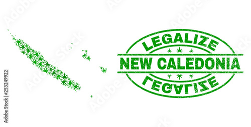 Vector cannabis New Caledonia Islands map collage and grunge textured Legalize stamp seal. Concept with green weed leaves. Concept for cannabis legalize campaign.