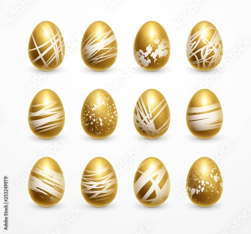 Happy Easter realistic golden shine decorated eggs set. Vector illustration EPS10