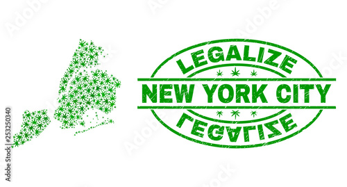 Vector cannabis New York City map mosaic and grunge textured Legalize stamp seal. Concept with green weed leaves. Concept for cannabis legalize campaign.