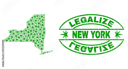 Vector cannabis New York State map collage and grunge textured Legalize stamp seal. Concept with green weed leaves. Concept for cannabis legalize campaign.