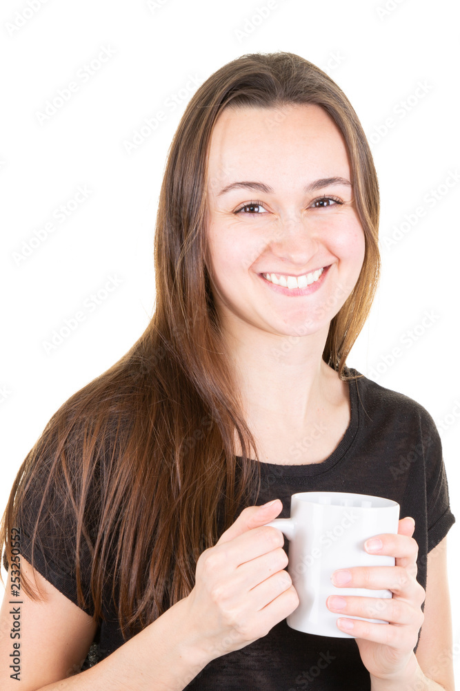 Woman with cup of coffee smiling in white background Woman with cup of coffee smiling in white background