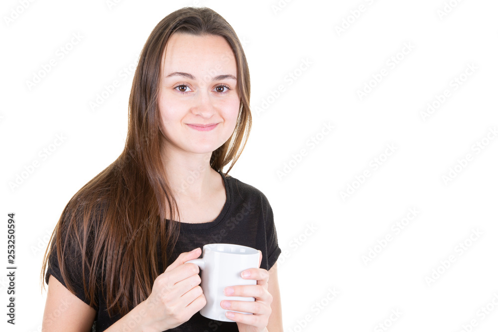 Woman young and pretty with cup of coffee and white side copy space Woman young and pretty with cup of coffee and white side copy space