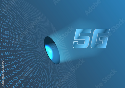 Abstract 5G symbol and background with binary code.