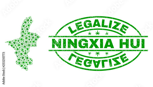 Vector cannabis Ningxia Hui Region map mosaic and grunge textured Legalize stamp seal. Concept with green weed leaves. Concept for cannabis legalize campaign.