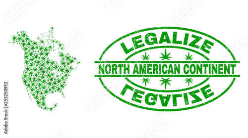 Vector cannabis North America v2 map mosaic and grunge textured Legalize stamp seal. Concept with green weed leaves. Concept for cannabis legalize campaign.