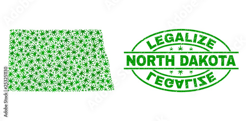 Vector cannabis North Dakota State map mosaic and grunge textured Legalize stamp seal. Concept with green weed leaves. Concept for cannabis legalize campaign.