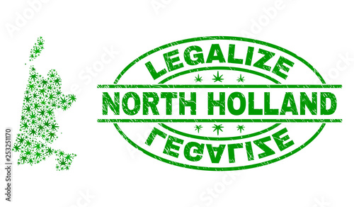 Vector cannabis North Holland map mosaic and grunge textured Legalize stamp seal. Concept with green weed leaves. Concept for cannabis legalize campaign.