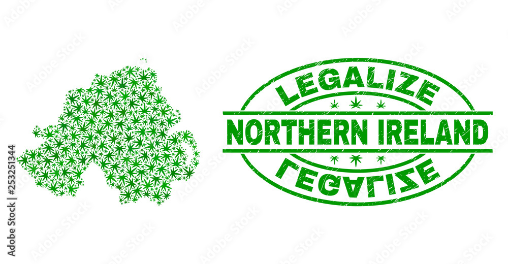 Vector marijuana Northern Ireland map collage and grunge textured Legalize stamp seal. Concept with green weed leaves. Concept for cannabis legalize campaign.