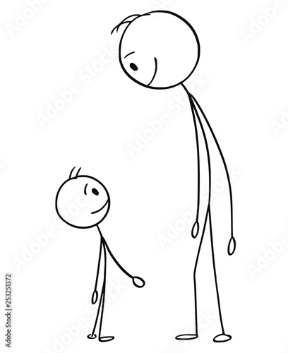 Cartoon stick figure drawing conceptual illustration of smiling and happy man or father and small boy or son watching each other.