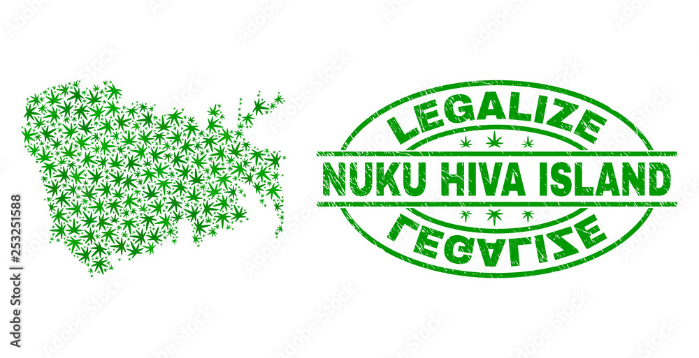 Vector cannabis Nuku Hiva Island map mosaic and grunge textured Legalize stamp seal. Concept with green weed leaves. Concept for cannabis legalize campaign.